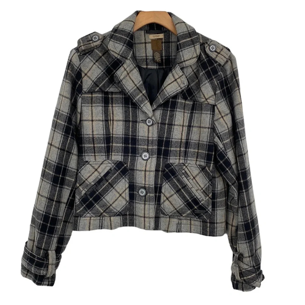 Ruff Hewn Jacket Womens XL Gray Black Tan Plaid Wool Blend Moto Cropped Boxy